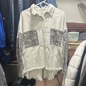 POL White Jean Jacket with Leopard Print